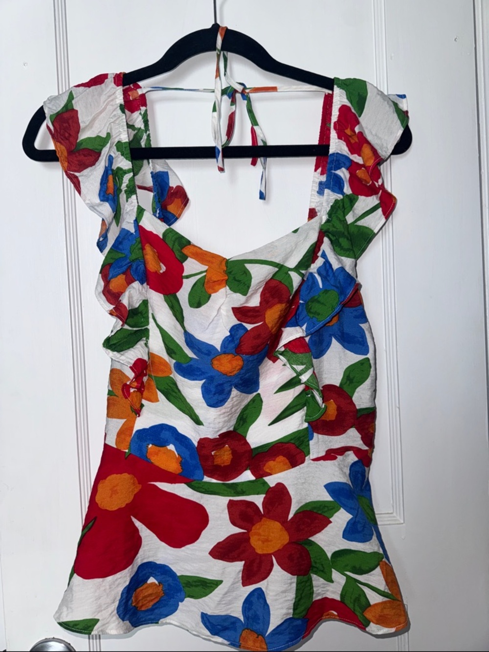 Skies Are Blue White Floral Tank with Red, Orange & Green Print